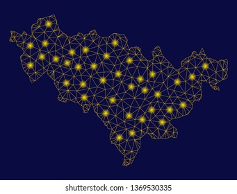 Bright yellow mesh Jilin Province map with glow effect. Wire frame triangular mesh in vector EPS10 format on a dark black background. Abstract 2d mesh designed with triangular lines, points,