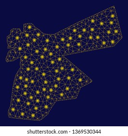 Bright yellow mesh Jordan map with lightspot effect. Wire frame polygonal mesh in vector EPS10 format on a dark black background. Abstract 2d mesh designed with polygonal grid, points,