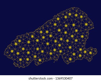 Bright yellow mesh Kahoolawe Island map with glare effect. Wire frame polygonal mesh in vector EPS10 format on a dark black background. Abstract 2d mesh designed with polygonal grid, spheric points,