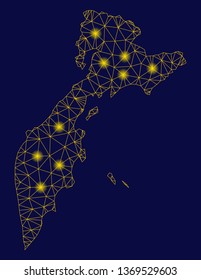 Bright yellow mesh Kamchatka map with lightspot effect. Wire carcass triangular mesh in vector EPS10 format on a dark black background. Abstract 2d mesh designed with triangular lines, dots,