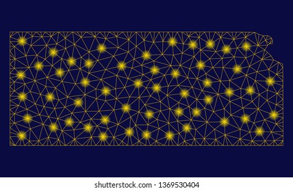 Bright yellow mesh Kansas State map with glow effect. Wire carcass polygonal network in vector EPS10 format on a dark black background. Abstract 2d mesh designed with polygonal grid, dots,