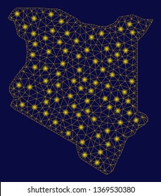 Bright yellow mesh Kenya map with glow effect. Wire carcass triangular network in vector EPS10 format on a dark black background. Abstract 2d mesh designed with triangular lines, points,