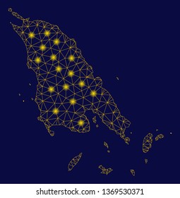 Bright yellow mesh Koh Chang map with glow effect. Wire carcass triangular mesh in vector EPS10 format on a dark black background. Abstract 2d mesh designed with triangles, small circle,