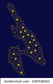 Bright yellow mesh Koh Phi Don map with glare effect. Wire carcass polygonal mesh in vector EPS10 format on a dark black background. Abstract 2d mesh created from polygonal grid, points,