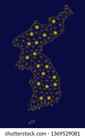 Bright yellow mesh Korea map with glare effect. Wire frame triangular mesh in vector EPS10 format on a dark black background. Abstract 2d mesh designed with triangles, spheric points,