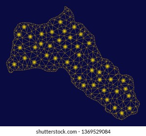 Bright yellow mesh Kurdistan map with glare effect. Wire carcass polygonal mesh in vector EPS10 format on a dark black background. Abstract 2d mesh designed with triangles, small circle,