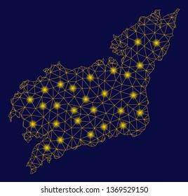 Bright yellow mesh La Coruna Province map with glow effect. Wire frame triangular mesh in vector EPS10 format on a dark black background. Abstract 2d mesh designed with triangular lines, dots,