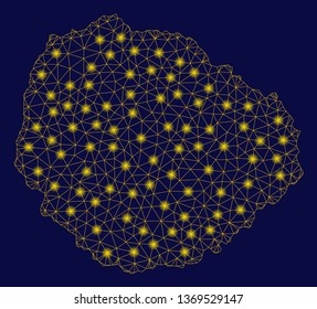 Bright yellow mesh La Gomera Island map with glare effect. Wire carcass polygonal mesh in vector EPS10 format on a dark black background. Abstract 2d mesh designed with polygonal grid, round dots,