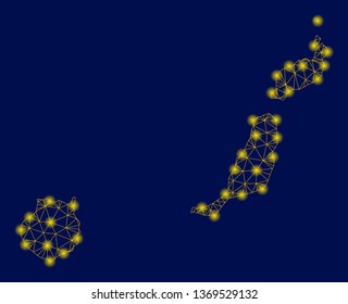 Bright yellow mesh Las Palmas Province map with lightspot effect. Wire frame triangular mesh in vector EPS10 format on a dark black background. Abstract 2d mesh designed with triangular lines, points,
