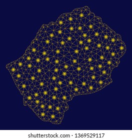 Bright yellow mesh Lesotho map with lightspot effect. Wire frame polygonal mesh in vector EPS10 format on a dark black background. Abstract 2d mesh designed with polygonal grid, dots,