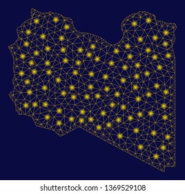 Bright yellow mesh Libya map with glare effect. Wire carcass triangular mesh in vector EPS10 format on a dark black background. Abstract 2d mesh designed with triangular lines, round dots,