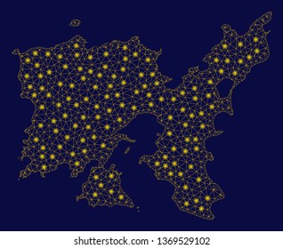 Bright yellow mesh Limnos Greek Island map with glare effect. Wire frame triangular mesh in vector EPS10 format on a dark black background. Abstract 2d mesh designed with triangles, round dots,