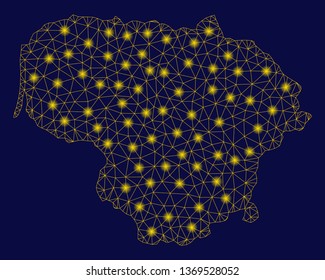 Bright yellow mesh Lithuania map with glow effect. Wire frame polygonal mesh in vector EPS10 format on a dark black background. Abstract 2d mesh designed with polygonal grid, dots,