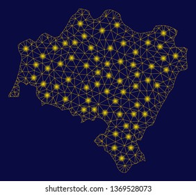 Bright yellow mesh Lower Silesian Voivodeship map with lightspot effect. Wire frame triangular mesh in vector EPS10 format on a dark black background. Abstract 2d mesh designed with triangles, dots,