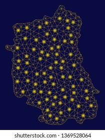 Bright yellow mesh Lublin Voivodeship map with glare effect. Wire frame triangular mesh in vector EPS10 format on a dark black background. Abstract 2d mesh designed with triangles, dots,