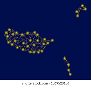 Bright yellow mesh Madeira Islands map with glare effect. Wire frame triangular network in vector EPS10 format on a dark black background. Abstract 2d mesh designed with triangles, spheric points,