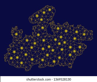 Bright yellow mesh Madhya Pradesh State map with glare effect. Wire frame triangular mesh in vector EPS10 format on a dark black background. Abstract 2d mesh designed with triangles, points,