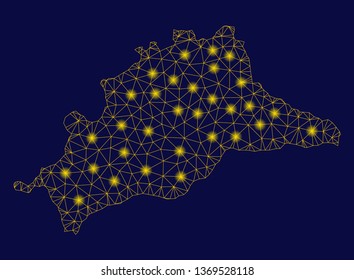 Bright yellow mesh Malaga Province map with lightspot effect. Wire carcass polygonal mesh in vector EPS10 format on a dark black background. Abstract 2d mesh designed with triangular lines,