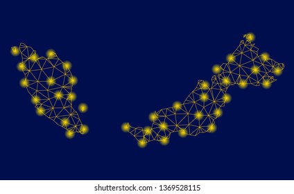 Bright yellow mesh Malaysia map with glow effect. Wire carcass polygonal mesh in vector EPS10 format on a dark black background. Abstract 2d mesh designed with polygonal grid, points,