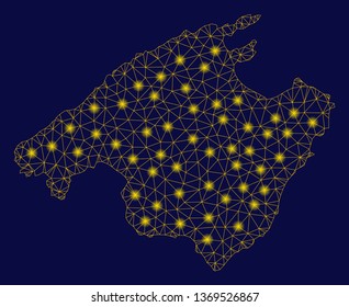 Bright yellow mesh Mallorca map with lightspot effect. Wire frame polygonal network in vector EPS10 format on a dark black background. Abstract 2d mesh designed with polygonal grid, points,