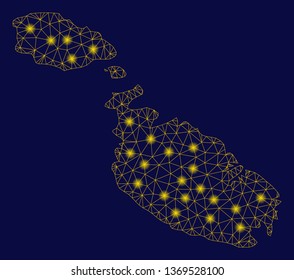 Bright yellow mesh Malta Island map with glow effect. Wire frame polygonal network in vector EPS10 format on a dark black background. Abstract 2d mesh designed with polygonal grid, spheric points,