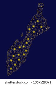 Bright yellow mesh Masirah Island map with lightspot effect. Wire frame polygonal mesh in vector EPS10 format on a dark black background. Abstract 2d mesh designed with polygonal grid, round dots,