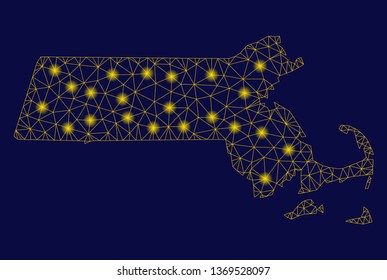 Bright yellow mesh Massachusetts State map with lightspot effect. Wire frame triangular mesh in vector EPS10 format on a dark black background. Abstract 2d mesh designed with triangular lines,