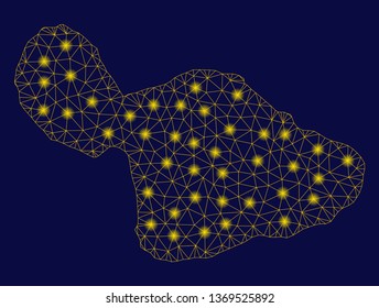 Bright yellow mesh Maui Island map with glare effect. Wire frame triangular mesh in vector EPS10 format on a dark black background. Abstract 2d mesh designed with triangular lines, round dots,
