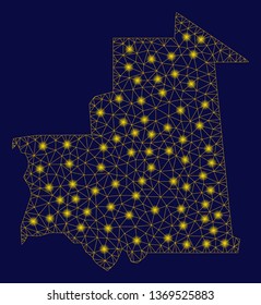 Bright yellow mesh Mauritania map with lightspot effect. Wire frame polygonal network in vector EPS10 format on a dark black background. Abstract 2d mesh designed with polygonal grid, points,