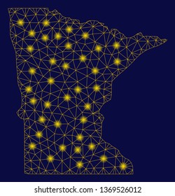Bright yellow mesh Minnesota State map with glow effect. Wire carcass triangular mesh in vector EPS10 format on a dark black background. Abstract 2d mesh built from triangular lines, dots,