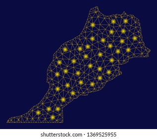 Bright yellow mesh Morocco map with lightspot effect. Wire carcass triangular mesh in vector EPS10 format on a dark black background. Abstract 2d mesh designed with triangular lines, round dots,