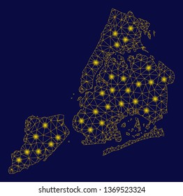 Bright yellow mesh New York City map with glare effect. Wire frame triangular mesh in vector EPS10 format on a dark black background. Abstract 2d mesh designed with triangular lines, points,