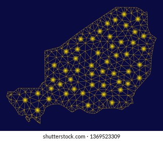 Bright yellow mesh Niger map with glow effect. Wire carcass polygonal mesh in vector EPS10 format on a dark black background. Abstract 2d mesh designed with polygonal grid, dots,