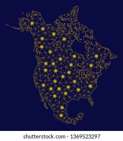 Bright yellow mesh North America v2 map with glow effect. Wire carcass triangular network in vector EPS10 format on a dark black background. Abstract 2d mesh designed with triangular lines,