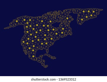 Bright yellow mesh North America map with glare effect. Wire carcass polygonal mesh in vector EPS10 format on a dark black background. Abstract 2d mesh created from triangular lines, dots,