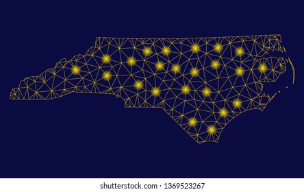 Bright yellow mesh North Carolina State map with lightspot effect. Wire frame polygonal mesh in vector EPS10 format on a dark black background. Abstract 2d mesh designed with polygonal grid, dots,