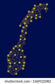 Bright yellow mesh Norway map with glare effect. Wire frame polygonal mesh in vector EPS10 format on a dark black background. Abstract 2d mesh designed with polygonal grid, round dots,