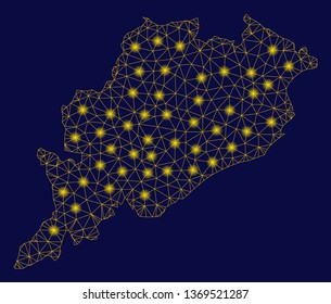 Bright yellow mesh Odisha State map with glare effect. Wire frame triangular mesh in vector EPS10 format on a dark black background. Abstract 2d mesh built from triangular lines, points,