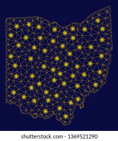 Bright yellow mesh Ohio State map with lightspot effect. Wire frame triangular mesh in vector EPS10 format on a dark black background. Abstract 2d mesh designed with triangular lines, small circle,