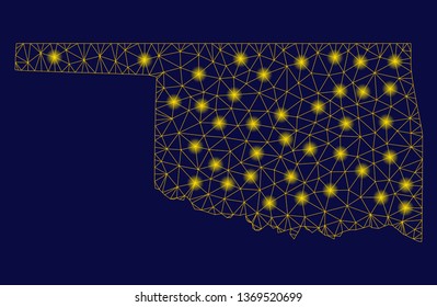 Bright yellow mesh Oklahoma State map with glare effect. Wire frame triangular mesh in vector EPS10 format on a dark black background. Abstract 2d mesh created from polygonal grid, round dots,