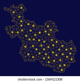 Bright yellow mesh Overijssel Province map with glow effect. Wire frame polygonal mesh in vector EPS10 format on a dark black background. Abstract 2d mesh created from polygonal grid, spheric points,