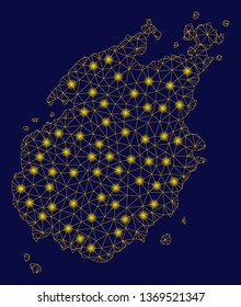 Bright yellow mesh Paros Island map with glare effect. Wire carcass triangular mesh in vector EPS10 format on a dark black background. Abstract 2d mesh built from triangular lines, round dots,