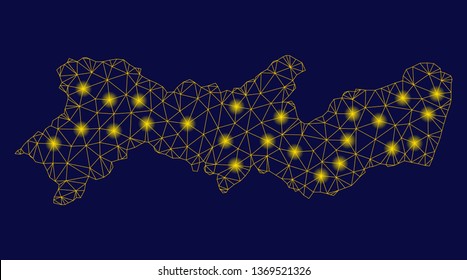 Bright yellow mesh Pernambuco State map with glow effect. Wire carcass polygonal mesh in vector EPS10 format on a dark black background. Abstract 2d mesh designed with polygonal grid, small circle,