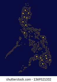 Bright yellow mesh Philippines map with glow effect. Wire frame polygonal mesh in vector EPS10 format on a dark black background. Abstract 2d mesh built from polygonal grid, round dots,