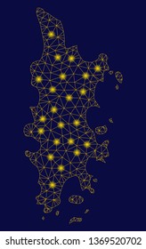 Bright yellow mesh Phuket map with glow effect. Wire frame polygonal mesh in vector EPS10 format on a dark black background. Abstract 2d mesh designed with triangles, spheric points,