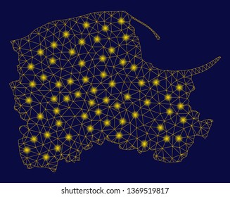 Bright yellow mesh Pomeranian Voivodeship map with glow effect. Wire frame polygonal mesh in vector EPS10 format on a dark black background. Abstract 2d mesh designed with polygonal grid, points,
