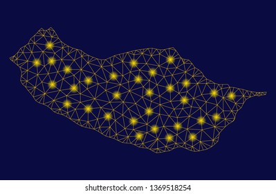 Bright yellow mesh Portugal Madeira Island map with lightspot effect. Wire frame polygonal mesh in vector EPS10 format on a dark black background. Abstract 2d mesh designed with polygonal grid,