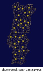 Bright yellow mesh Portugal map with glare effect. Wire frame triangular network in vector EPS10 format on a dark black background. Abstract 2d mesh designed with triangular lines, round dots,