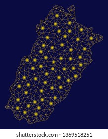 Bright yellow mesh Punjab Province map with glow effect. Wire carcass triangular mesh in vector EPS10 format on a dark black background. Abstract 2d mesh created from triangular lines, small circle,