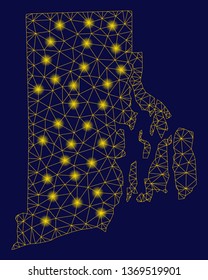 Bright yellow mesh Rhode Island State map with glare effect. Wire carcass triangular mesh in vector EPS10 format on a dark black background. Abstract 2d mesh designed with triangles, dots,